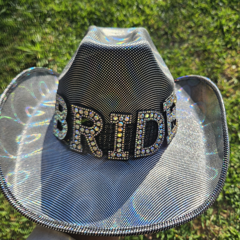 Rhinestone 'BRIDE' Holographic Cowboy Hat - Silver